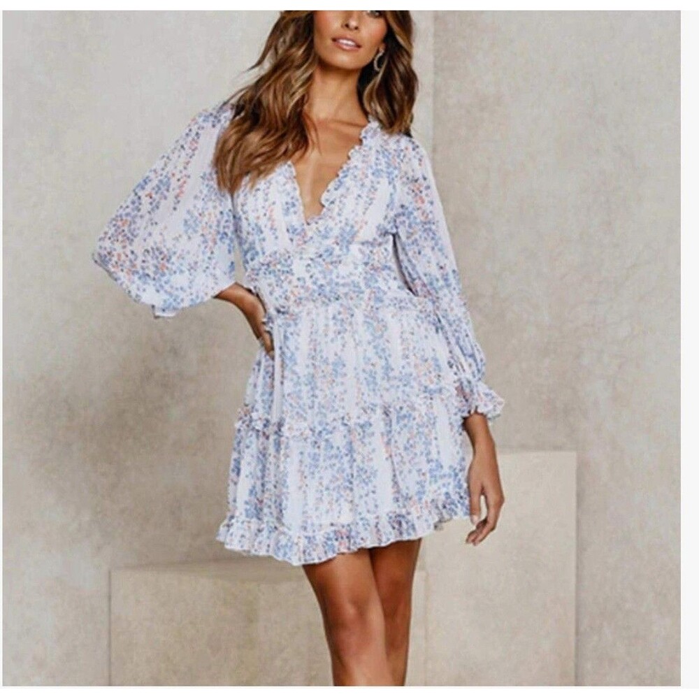 Summer Dress Size Large Boho Deep V Back Chicwish Floral Open Back Ruffle